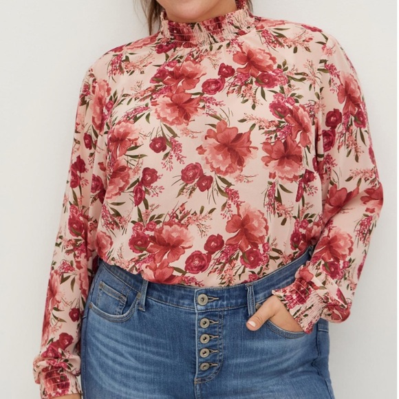 torrid Tops - Torrid Light Pink Floral Sheer Chiffon Smocked Mock Neck Blouse Sz 3X